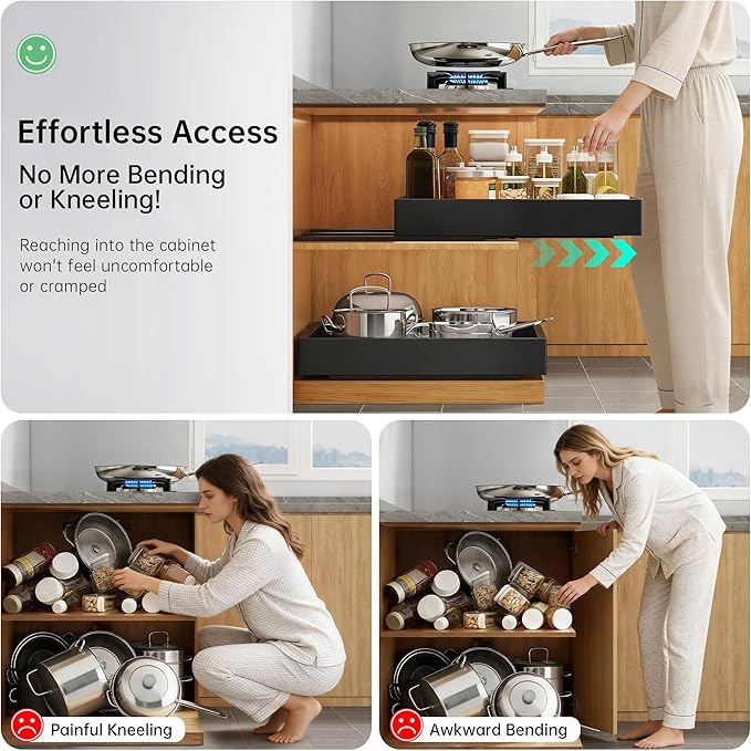 Pull out Cabinet Organizer, 1 pack, 16.5" Deep Heavy Slide out Drawers, Upgrade Three Triple-Slide Rail Systems, Expandable 12.8"-20.8" Roll out Shelf Storage for Kitchen Base Cabinet Organization