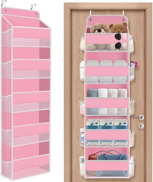 SpaceHacks 5-Tier Over The Door Organizer Hanging Storage Organizers with Clear Window 40lb Large Capacity Room Organizer for Pantry Bathroom Nursery Closet(Pink)