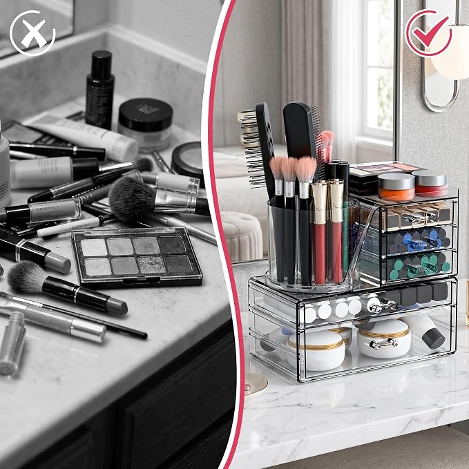 ShineMe Acrylic Makeup Organizers, 2 Tier Stackable Cosmetic Organizer for Vanity with 360° Rotating Makeup Brush Holder & 5 Drawers, Clear Hair Accessory Organizer Countertop for Dresser, Bathroom