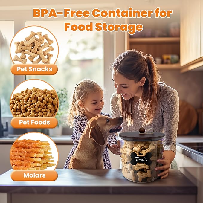 HOYTAMDAR 2 Pack Airtight Dog Food Storage Container,Dog Treat Container Dog Treat Jar with Wood Lids 6x5'',Pet Food Storage Container,Cat Food Container with Scoops,Food Tong,Labels,Pen