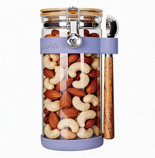 KKC 1.5-Quart Large Glass Nuts Storage Container, Airtight Food Storage Jar with Bamboo Lid & Scoop, Keeps Nuts Crunchy & Fresh, Perfect for Pantry Organization & Storing Nuts, Almonds, Peanuts