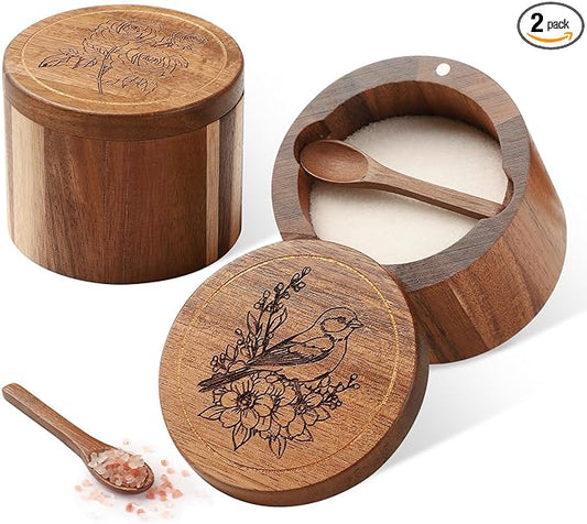 Timtopno Salt Cellar, 2PCS Salt Container Acacia Wood Salt and Pepper Box for Countertop with Built-in Spoon & Swivel Lid, Wood Salt Holder Bowl for Kitchen, Seasoning Storage (Rose & Bird Engraving)