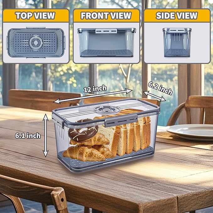 Bread Box for Kitchen Countertop, Airtight Bread Container with Lid, Time Recording Dial, and Draining Board, Bread Storage for Homemade Bread, Toast, Cookies (2 Grey)