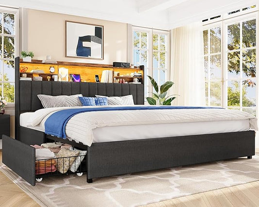 TEENFON King Size Bed Frame with Headboard and 4 Drawers Storage, Bed Frame King Built in LED Lights and Charging Station, Sturdy & Noise-Free Upholstered Platform Metal Bed, Dark Grey