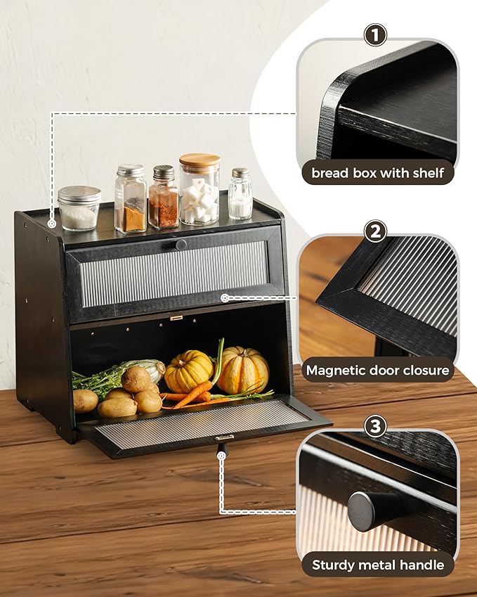 Double layer Bread Box for Kitchen Countertop Vitamin Bottle Storage Supplement Bottle Organizer Vitamin Organizer(Black)