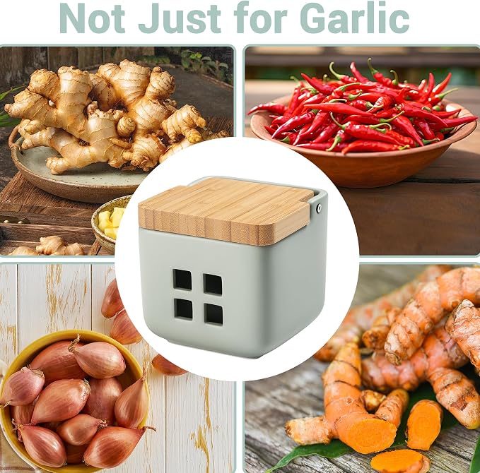 RQYIXI Garlic Container for Counter Ceramic Garlic Keeper Storage Garlic Holder with Lid to Keep Your Garlic Cloves Fresh Longer(Green)