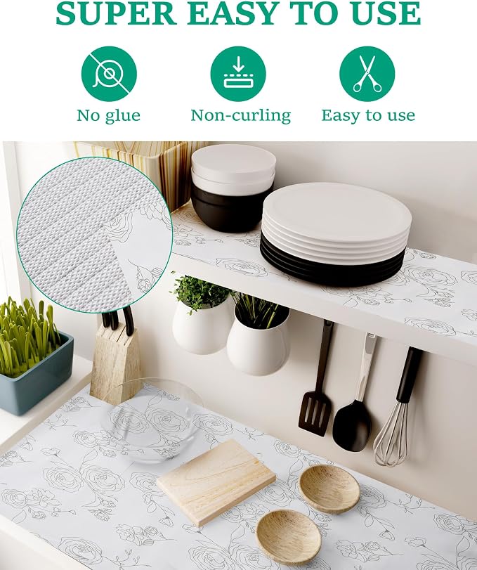 Floral Drawer Liner for Kitchen Cabinet 12 in x 30FT, Non-Adhesive Shelf Liner Non-Slip Strong Grip Cabinet Liners, Thickened Shelf Paper Easy to Clean for Tool Box Pantry, Cupboard Liner, Gray