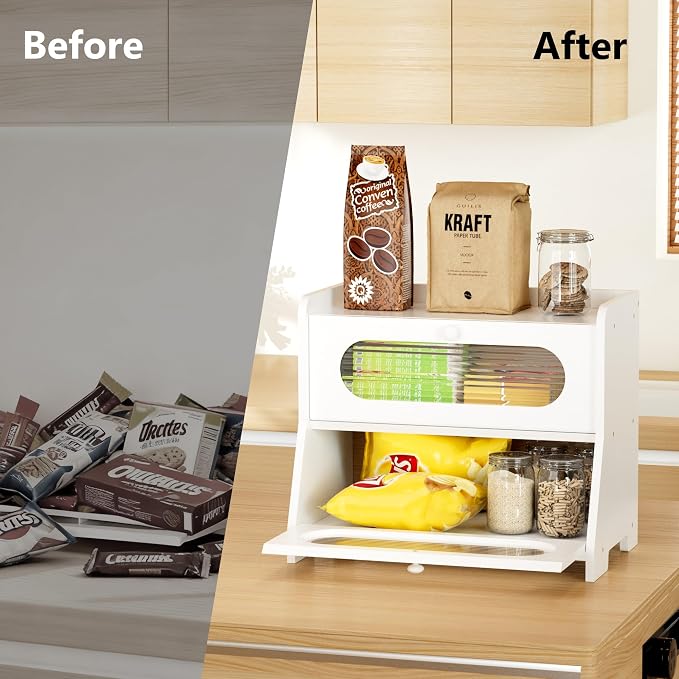 Bread Box for Kitchen Countertop,Large Capacity Double Layer Kitchen Countertop Organizer,Bread Storage with Acrylic Window for Cabinet,Pantry,Cupboard(White)