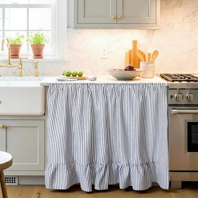 VitalCozy Cabinet Curtain 35" W X 35" L Sink Skirt for Bathroom Kitchen Grey Ruffles Spring Short Curtain for Home Classroom Farmhouse Rustic Drape Under Desk Privacy Drape for Laundry Room