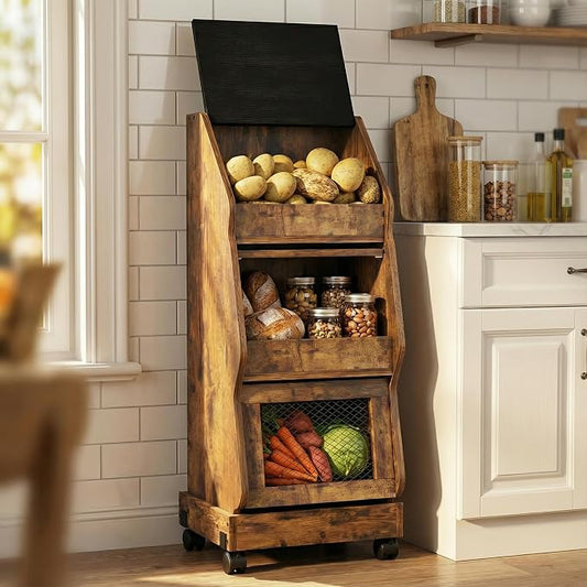 ARTETHYS Potato Storage Bin Movable Bread Box with Lid Rustic and Wheels Onion Organizer with Grocery Section Decorative Vegetable Organization Cabinet for Kitchen