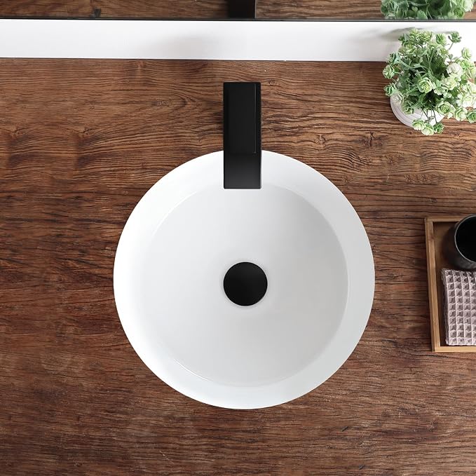 Undermount Bathroom Sink 16 Inch Small Verticyl Round Undermount Sink White Ceramic Under Counter Bathroom Vanity Sinks with Overflow（Internal Size 14"x14"）