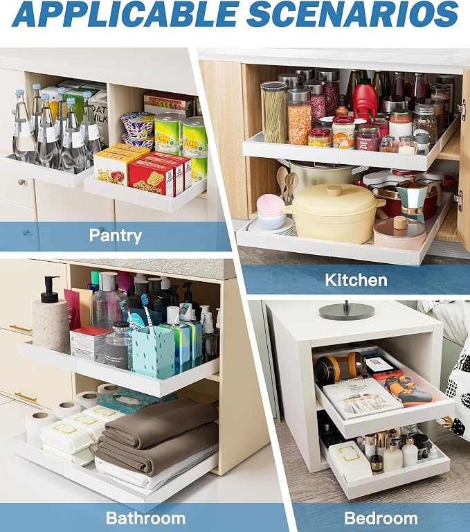 2 Pack Pull Out Cabinet Organizer, No-Drill Expandable Slide Out Drawers for 21" Deep Cabinets (12.3"-21.8" Width), 3-Slide Rail, Easy Assembly pull out drawers for Kitchen, Pantry, Bathroom - White