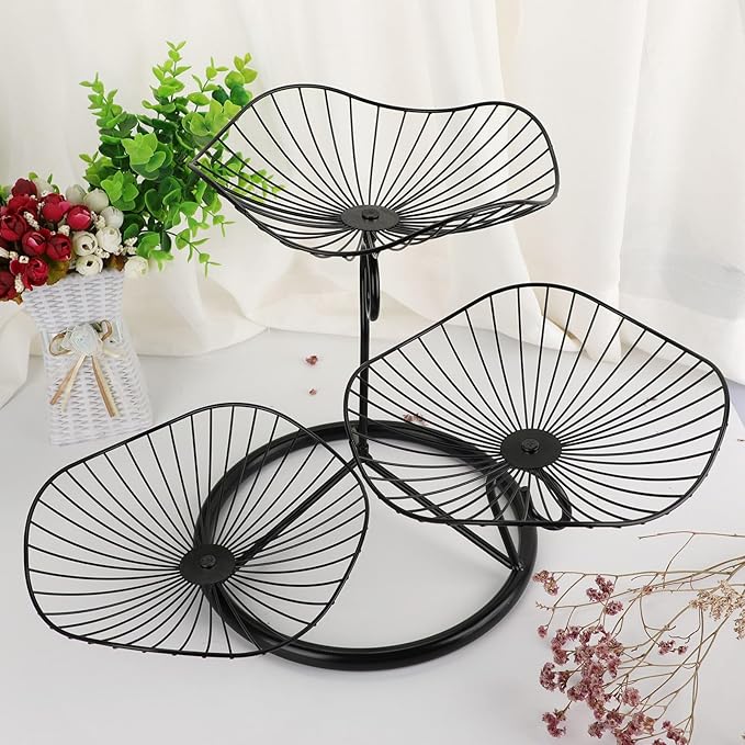 OwnMy 3-Tier Fruit Basket Stand Decorative Iron Fruit Bowl, Black Metal Wire Fruit Holder Trays for for Vegetables Bread Snack, Modern Lotus Fruit Bowls for Kitchen Counter Dining Table