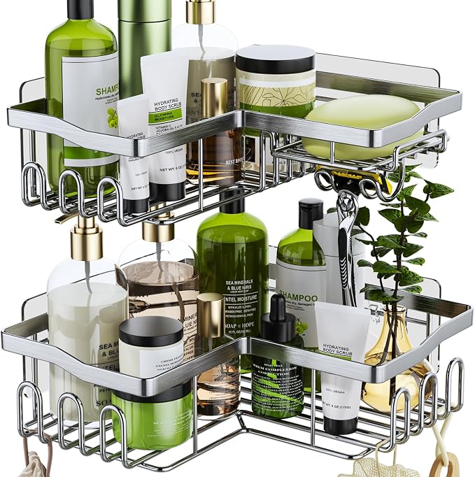HapiRm Corner Shower Caddy Organizer - Shower Organizer Corner with Shampoo Holder and 11 Hooks, Rustproof Bathroom Shelf for 90° Right Angle - Silver