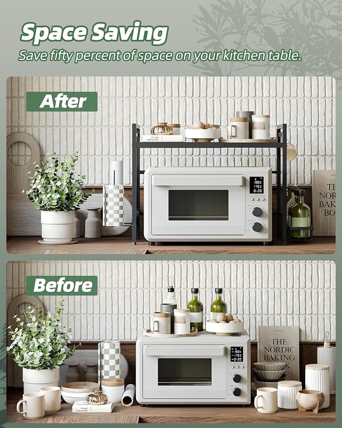 NETEL Expandable Microwave Stand,2 Tier Metal Kitchen Countertop Organizer Shelves with Paper Towel Holder and Baskets,Bakers Rack,Microwave Shelf,Microwave Oven Rack,55lbs Weight Capacity