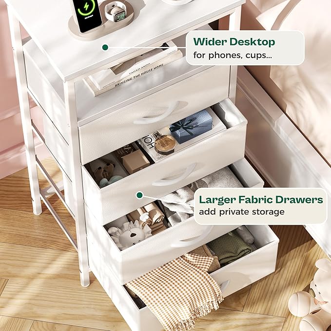 Huuger Night Stand with Charger Station and LED Lights, 4 Drawer Nightstand, Bed Side Table with Open Shelf, End Table, Fabric Dresser for Bedroom, PU Leather, White