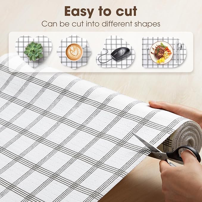 Drawer and Shelf Liner, Non-Slip Kitchen Cabinet Liners Non-Adhesive Thick Strong Grip Waterproof Washable Mats Protect Dresser Shelves Cupboard Bathroom Cabinets, White Stripes, 18IN X 10FT