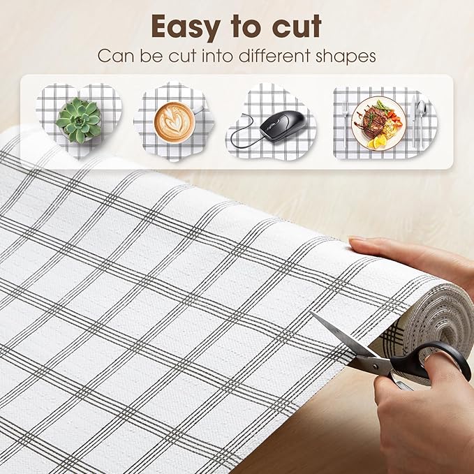 Drawer and Shelf Liner, Non-Slip Kitchen Cabinet Liners Non-Adhesive Thick Strong Grip Waterproof Washable Mats Protect Dresser Shelves Cupboard Bathroom Cabinets, White Stripes, 24IN X 20FT