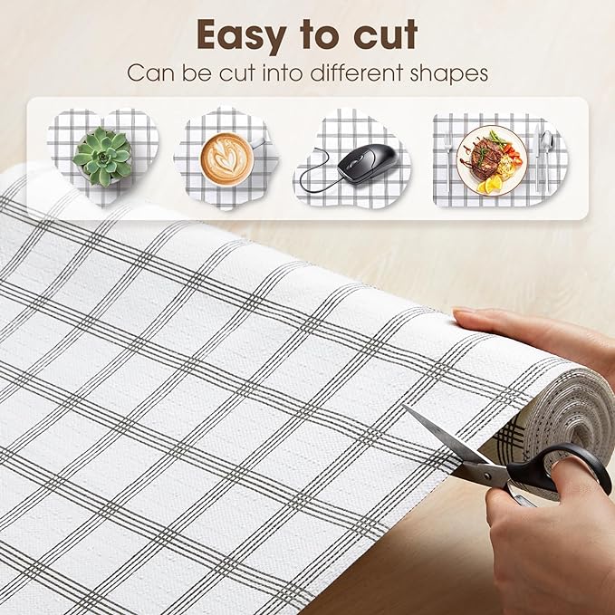 Drawer and Shelf Liner, Non-Slip Kitchen Cabinet Liners Non-Adhesive Thick Strong Grip Waterproof Washable Mats Protect Dresser Shelves Cupboard Bathroom Cabinets, White Stripes, 12 in X 20 FT