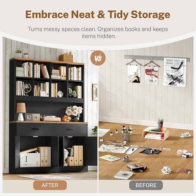 TEENFON Bookshelf and Bookcase, 5 Tier Floor Standing Bookshelves, Large Bookcases with Drawers and Storage Cabinet, 8 Open Storage Shelves and Printer Stand for Study, Living Room, Office