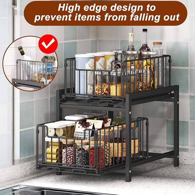 Romorgniz 1 Pack Pull-Out Storage Organizers, 2-Tier Sliding Under Sink Organizers For Kitchen and Bathroom, Metal Shelf Cabinet Organziers, White