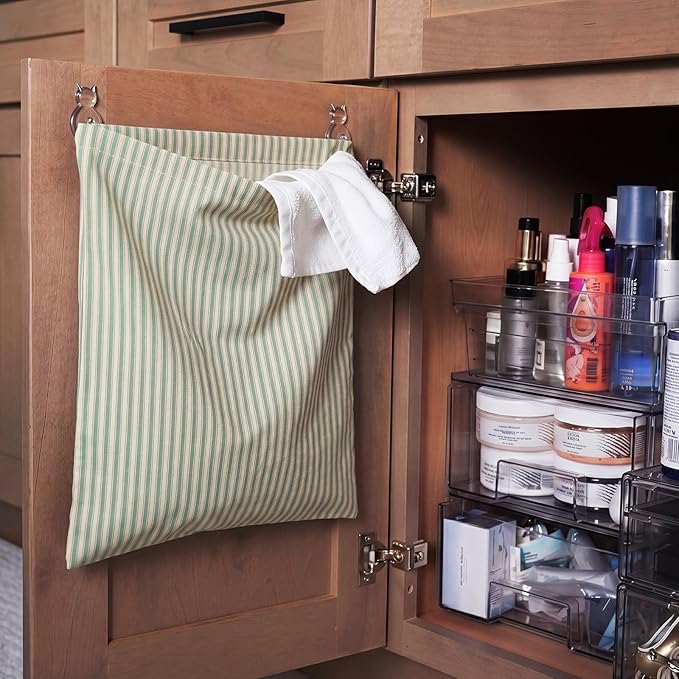 Reusable Dirty Rag Storage Bag Linen Dish Towel Cloth Bag Dish Rag Holder Natural Cotton Vintage for Under Sink Cabinet Door Organizer Laundry Bathroom Storage(Green and White,Classic)