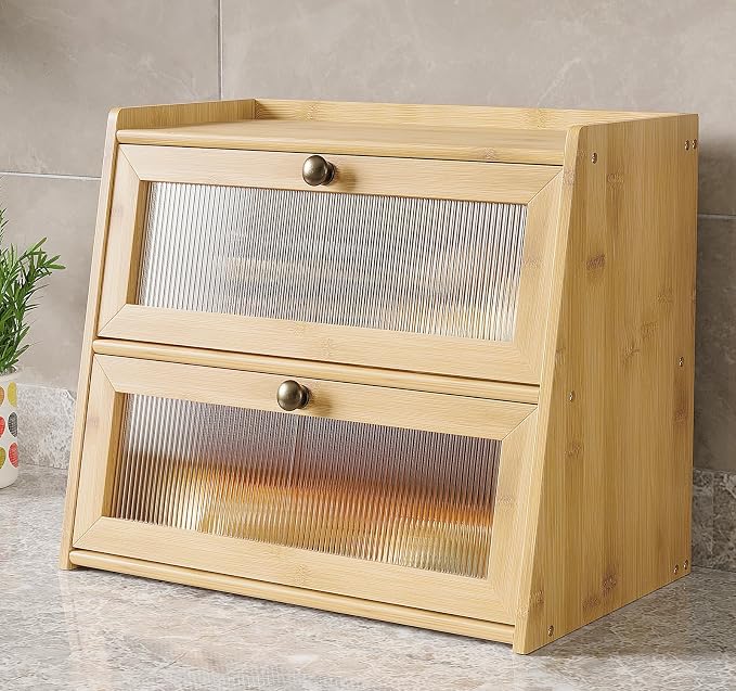 Bread Box for Kitchen Counter, Double Layer Wooden Large Capacity Bamboo Bread Storage Container with Window Bread Holder (Natural Bamboo)