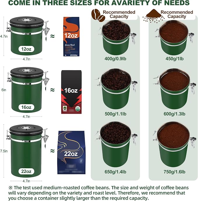 ShanSon Coffee Canister Airtight, Stainless Steel Bean Storage Container with Date Tracker & Scoop, Grounds Sugar Flour Tea Cereal Fits Kitchen Pantry, Ideal Gift for Coffee Lovers,12oz, Dark Green