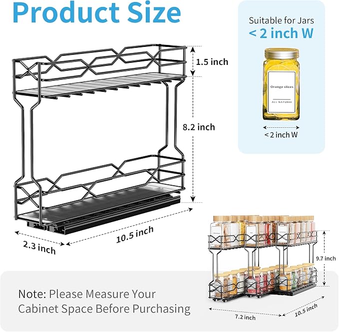 BOIVSHI Pull Out Spice Rack - Heavy Duty Vertical Spice Rack Pull Out, No Drill Install Spice Organizer for Cabinet, Inside Cabinet, Narrow Cabinet, 2.1" W×10.1" D×8.1" H, 3-Pack, Black