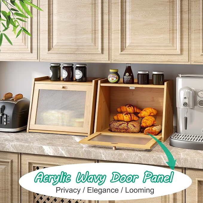 kiplant Large Bread Box for Kitchen Counter, Bamboo Bread Storage Container with Wavy Arcylic Transparent Door, Bamboo Wooden Farmhouse Bread Box for Your House