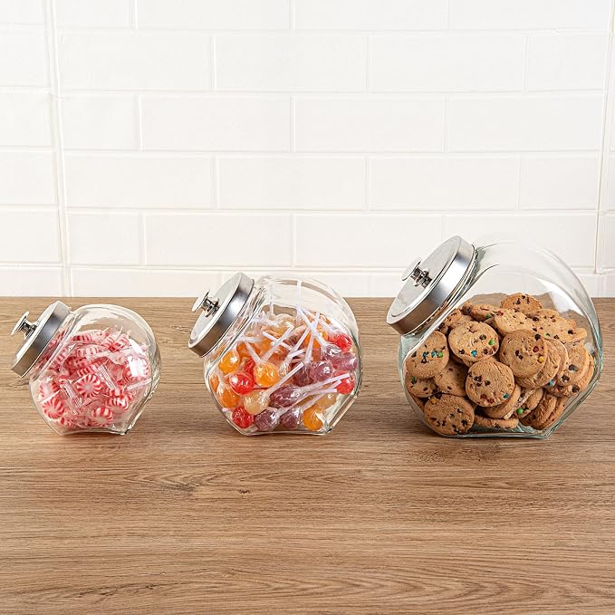 Restaurantware Candy Jar 3 Count 0.56 Gallon Glass Candy jars With Lids Airtight Storage, Wide Opening, Clear, Durable, Dishwasher-safe, For Cookies and Snacks