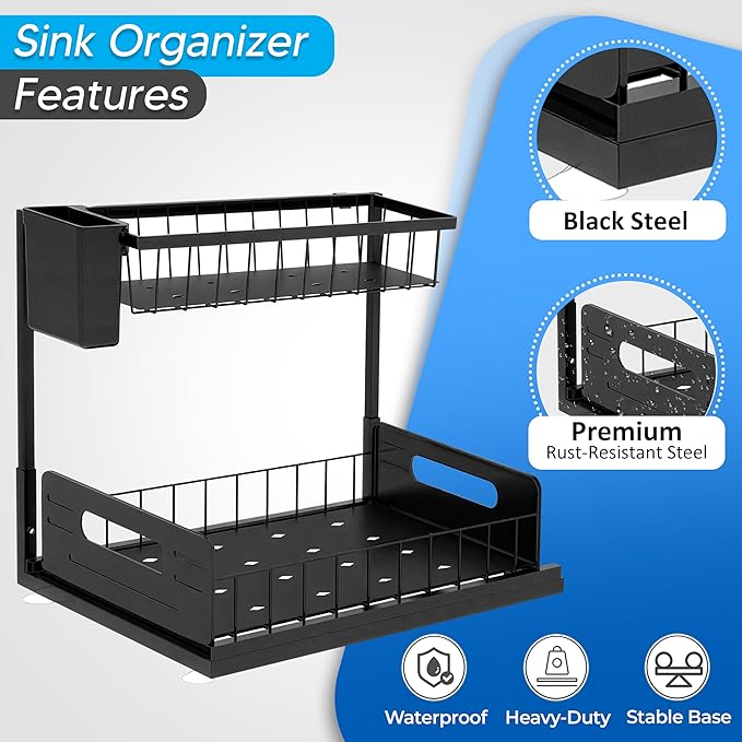 2 Pack Under Sink Organizer, Heavy Duty 2 Tier Slide-Out Storage, Space Saving Cabinet Organizer for Bathroom & Kitchen, Metal Shelf with Brush Holder, Black