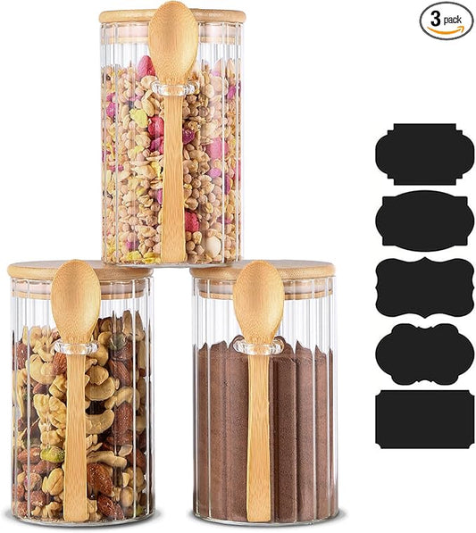 Steviieden 25 FL OZ Airtight Glass Jars with Bamboo Spoons Lids Overnight Oats Container Decorative Coffee Bar Food Storage Jar Cereal Nuts Salts Coffee Tea Flour Sugar Container Spice Jars