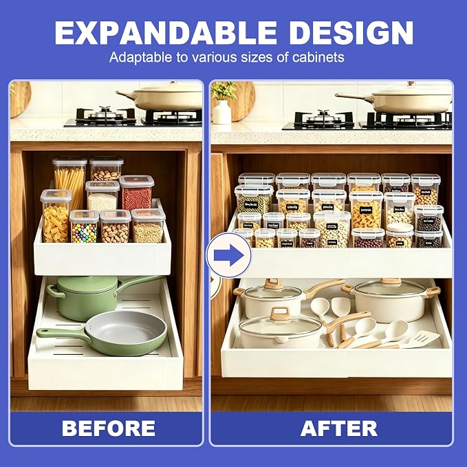 Expandable Pull Out Cabinet Organizer, No-Drill Pull Out Drawers, Roll-Out Shelf with Adhesive Pad & 3 Slide Rails for Framed Cabinets, Kitchen Pantry, 21" Deep, 12.2"-20.4", White, 2 Pack