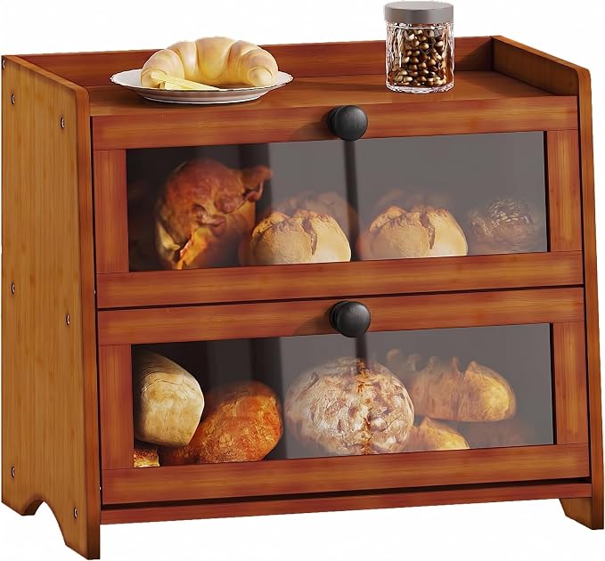 BAMBANG Bread Box for Kitchen Countertop, Extra Large Bamboo Bread Storage Container for Homemade Bread, Double Layer Sourdough Breadox, Bread Bin Organizer for Counter Cabinet Pantry, Brown