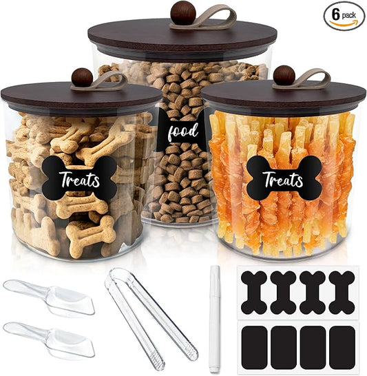 HOYTAMDAR 3 Pack Airtight Dog Food Storage Container, Dog Treat Container Dog Food Container with Wood Lids 8x7''&6x5'',Pet Food Storage Container,Cat Food Containers with Scoops,Clamp,Labels,Pens