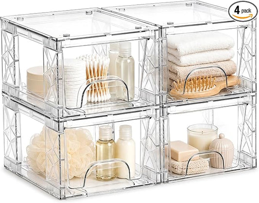 Under Bathroom Sink Organizer Stackable Storage Drawers 4.4in Small Acrylic Medicine Cabinet Bins, Simply Assembled Box Containers for Cosmetics, Bathroom, Kitchen, Snack(4 Pack)