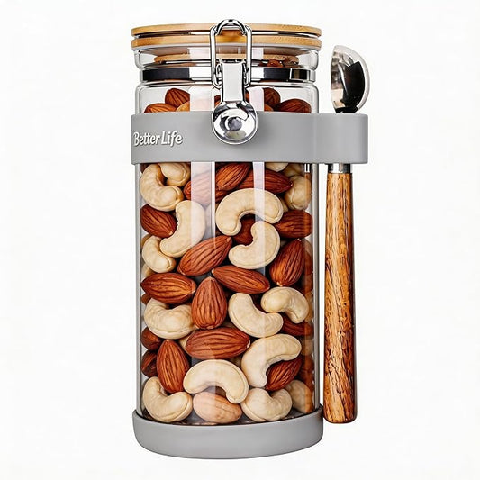 KKC 1.5-Quart Large Glass Nuts Storage Container, Airtight Food Storage Jar with Bamboo Lid & Scoop, Keeps Nuts Crunchy & Fresh, Perfect for Pantry Organization & Storing Nuts, Almonds, Peanuts