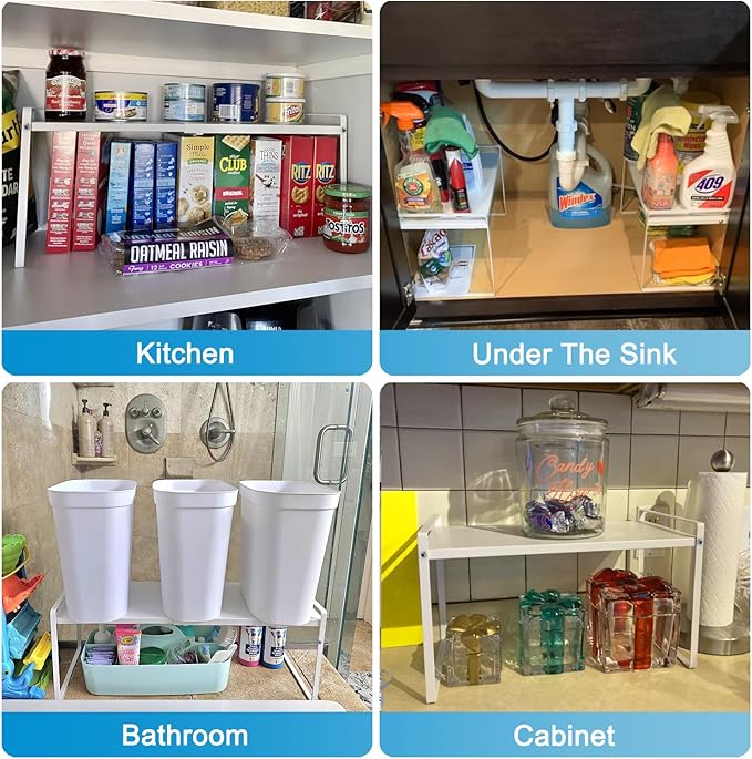 Yuleimy 11" Deep Expandable Cabinet Shelf Organizer, 14" to 26" Adjustable Metal Countertop Riser for Under Sink and Kitchen Cupboard Storage, Heavy Duty 55 Lbs Anti-Sag Central Rod, White, 1-Pack
