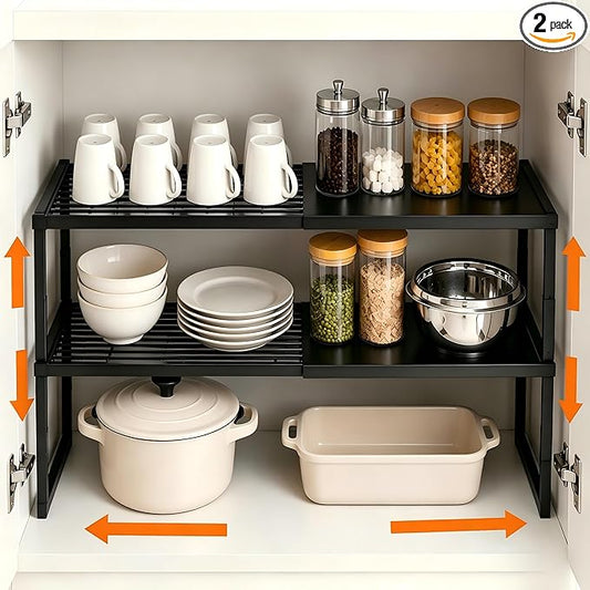 Shelf Organizer Stackable 2 Pack: Expandable (15.8"-25.5") Spice Rack Height Adjustable(6.2"/7.3"/8.5") Kitchen Organizer Countertop Metal Shelves for Pantry Storage Black