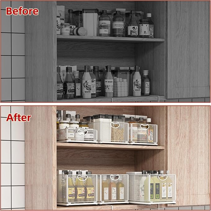 Pull Out Drawers for Cabinets Stackable or Single, Pull Out Cabinet Organizer Adhesive, Cabinet Drawers Slide Out, Extra Rails, for Sink Pantry Shelve