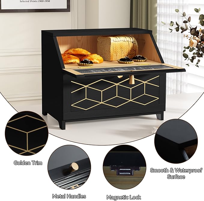 HOLTICO Double Layer Bread Box With Golden Trim for Countertop, Wooden Bread Container for Kitchen Counter, Corner Bread Storage (Black1)