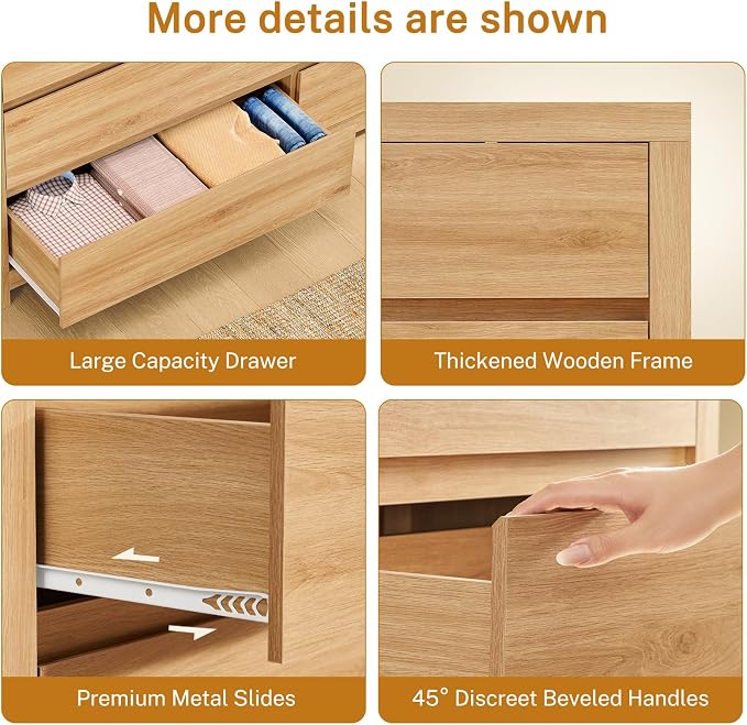 TEENFON 55" Dresser for Bedroom with 6 Drawers, Modern Dressers & Chests of Drawers with Metal Handles, Wooden Dresser TV Stand, Bedroom Dressers, for Bedroom, Hallway, Natural