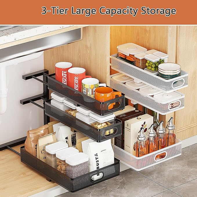 Under Sink Organizer, 2-Pack 3-tier Under Sink Storage Organizer Adjustable Height Easy Assembly Pull Out Cabinet Organizers Basket for Bathroom Kitchen Pantry Home Organization