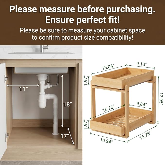 Bamboo Under Sink Storage 2 Tier Pull Out Cabinet Organizer Slide Out Under Sink Storage Shelf Undersink Organizers Shelves for Kitchen Bathroom Organization (Nature, 2 Pack)