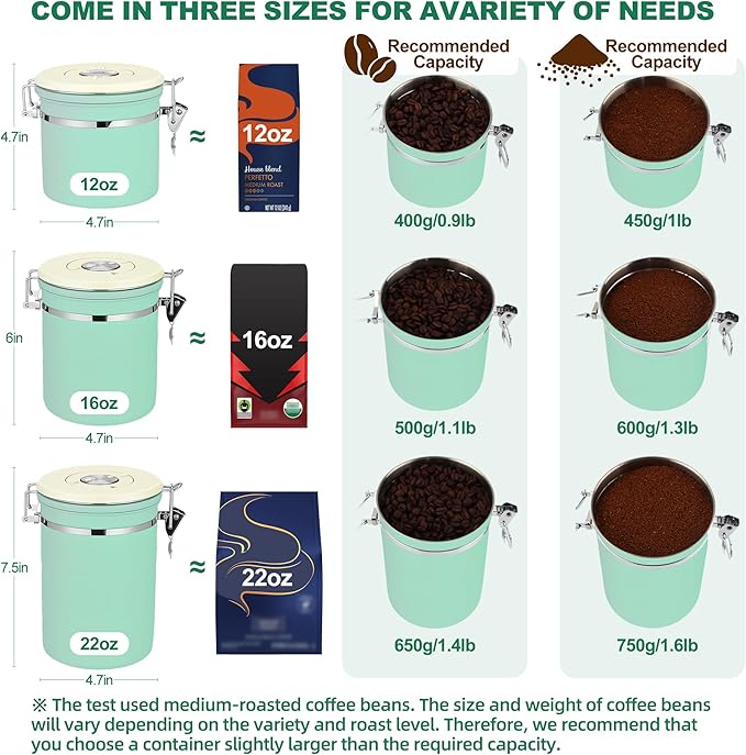 ShanSon Coffee Canister Airtight, Stainless Steel Bean Storage Container with Date Tracker & Scoop, Grounds Sugar Flour Tea Cereal Fits Kitchen Pantry, Ideal Gift for Coffee Lovers,22oz,Green