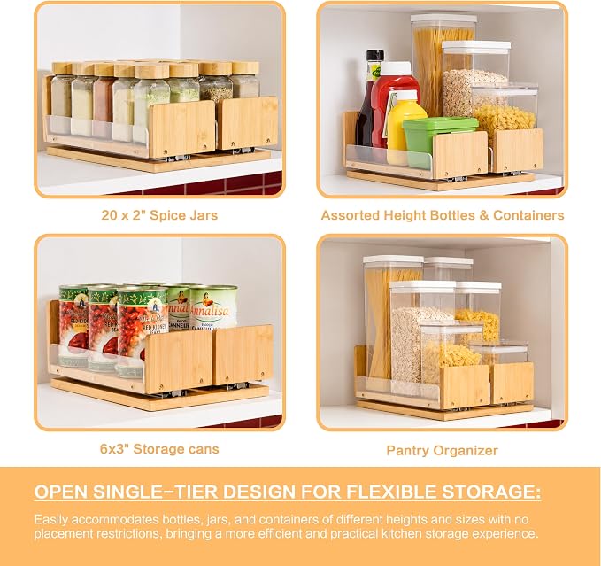 Bamboo Pull Out Spice Rack Organizer for Cabinet, 9"W x 10.6"D x 4.8"H Low Profile Pantry Vertical Organization with 2 Slide Out Drawers(4.3"w), Kitchen Storage for Spice Jars & Pantry Essentials