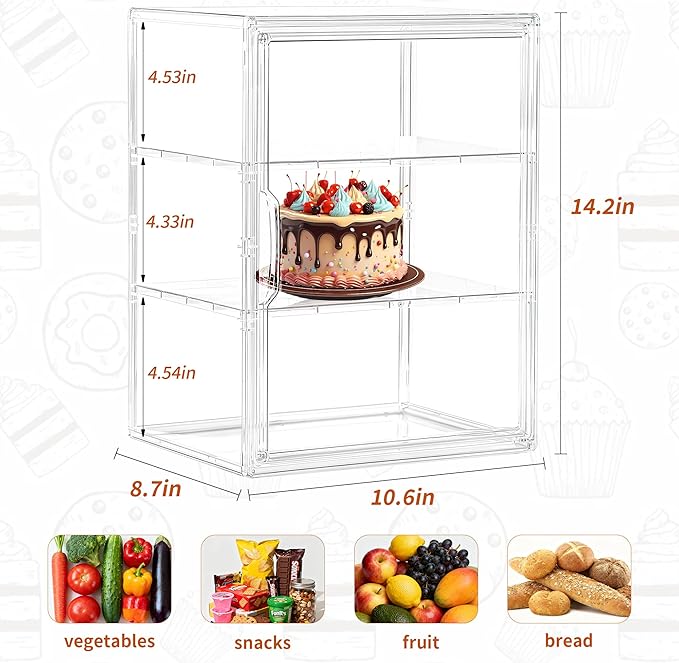 SANKEU Pastry Display Case,Bread Box for Kitchen Countertop,3 Layers Adjustable Clear Bread Storage with Magnetic Door Small Bakery Pastry Display,1 Pack