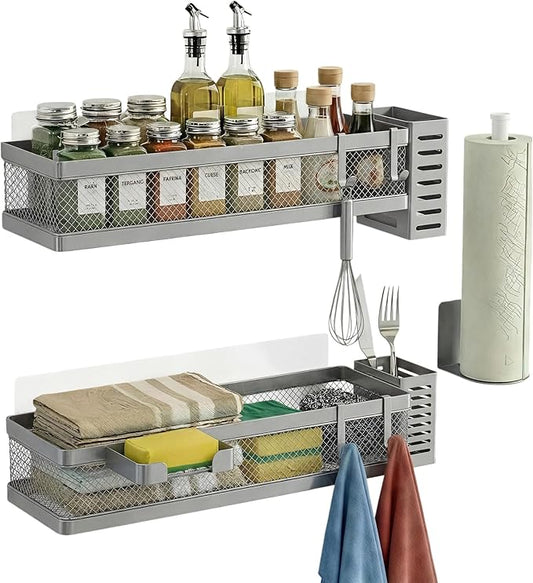 PUSDON 5-in-1 16.5" Extra Long Slim Wall Mount Wrapped Mesh Kitchen Organizer & Shower Caddy Kit, with Paper Towel Holder, Utensil Holder, Soap Dish, Holds 50LBS - Silver Gray, Netting