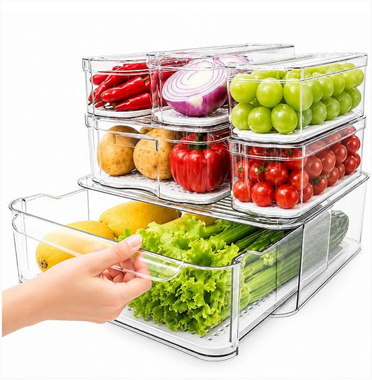 SMRCAD Refrigerator Organizers and Storage, 6 Pack with 1 Pull-Out Drawer and 5 Lidded Bins, Fruit Storage Containers for Fridge with Drain Trays, Helps Keep Produce Fresh